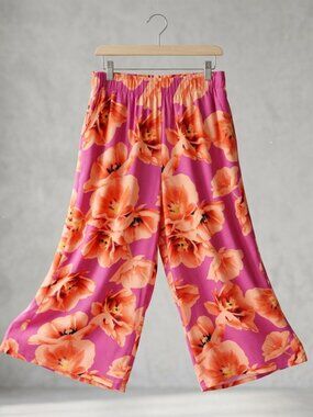 Chico's Floral Pants 4T Tall Wide Leg Pockets Beachy Pink Orange Flowy Resort